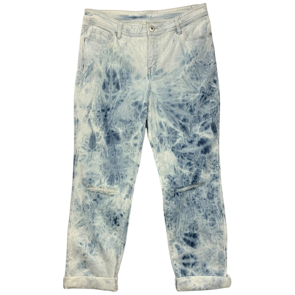 Style & Co Boyfriend Jeans Blue Tie Dye Distressed‎ Cuffed Size 14